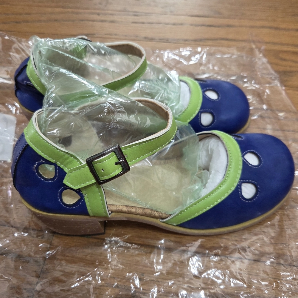 Blue and Green Mary Jane Shoes with Buckle